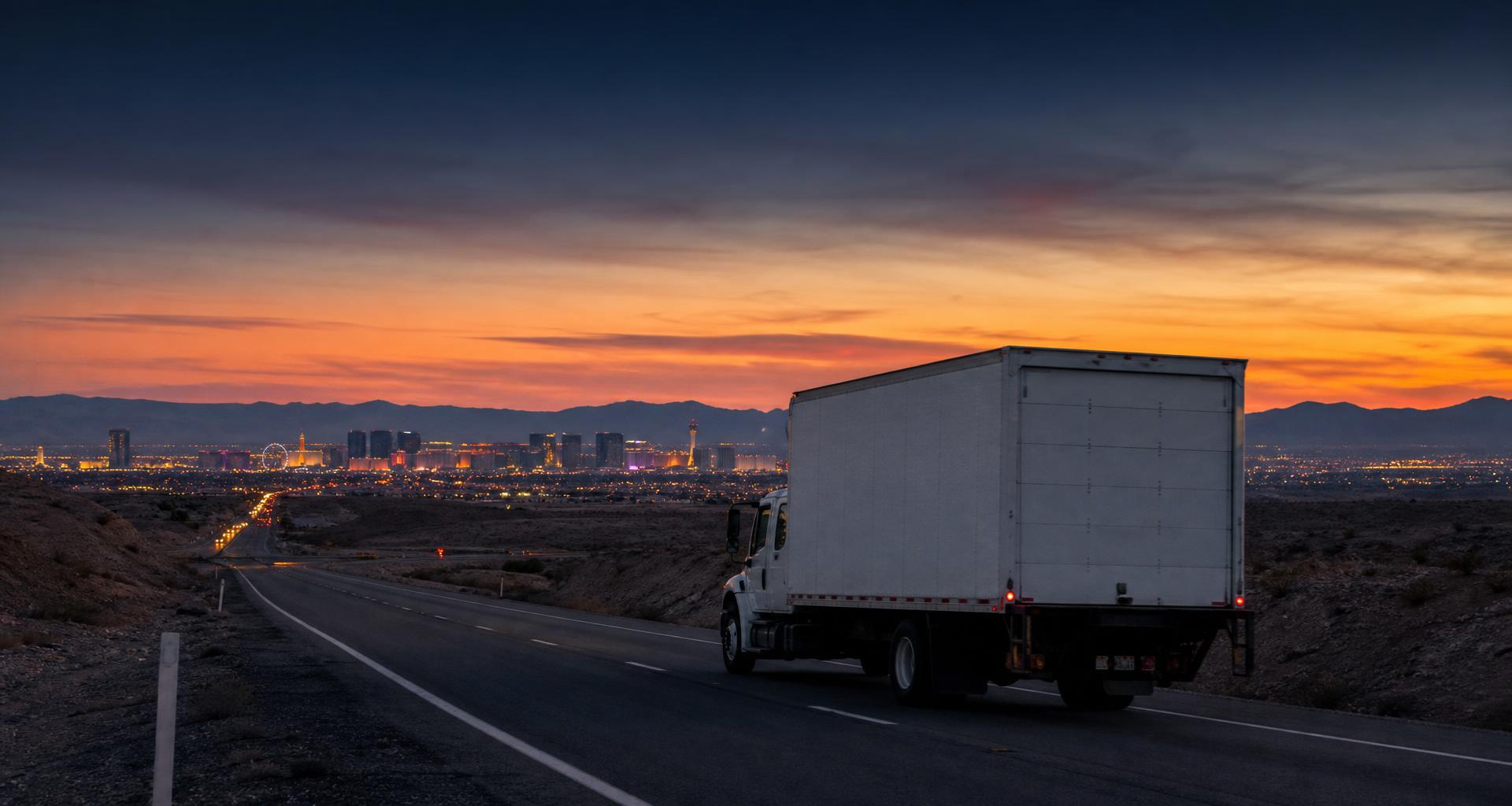 Moving truck approaching the Las Vegas valley at dusk