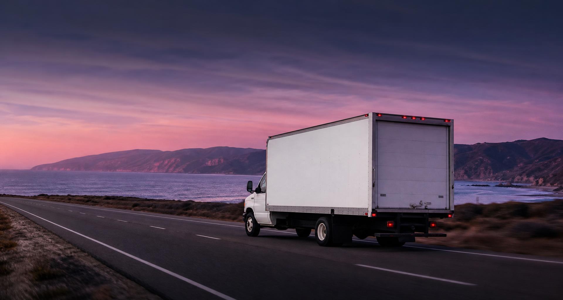 Moving truck heading west toward the Southern California coast at dusk
