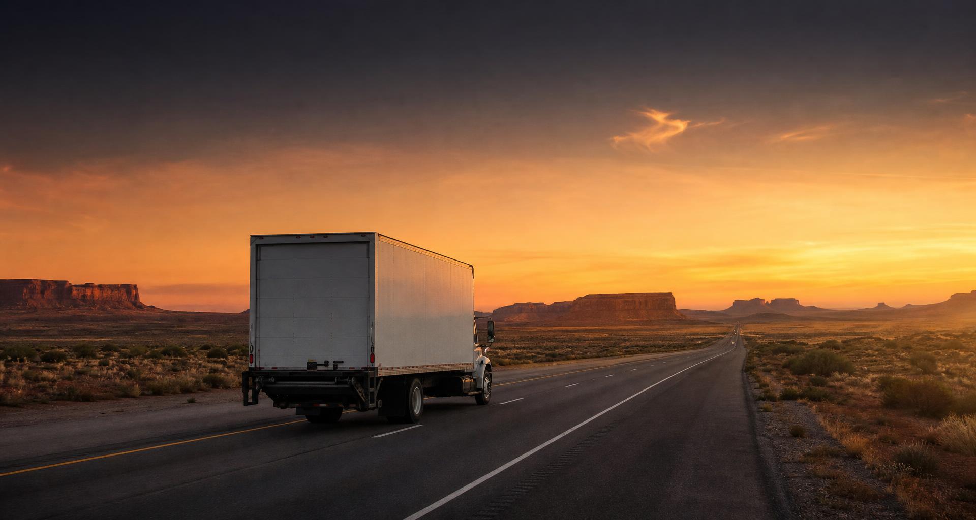 Moving truck driving east on a long desert highway toward Texas at sunset