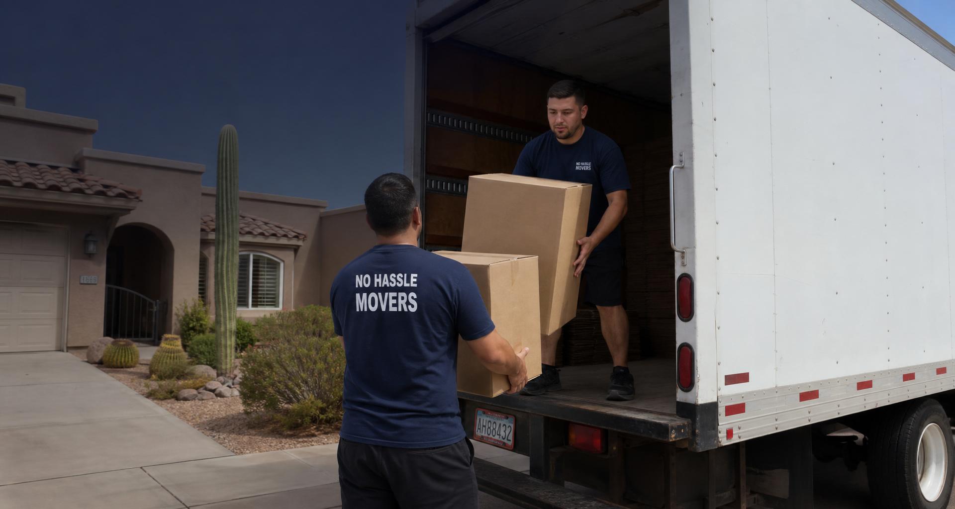 No Hassle Movers crew loading a rental truck in a Tucson driveway