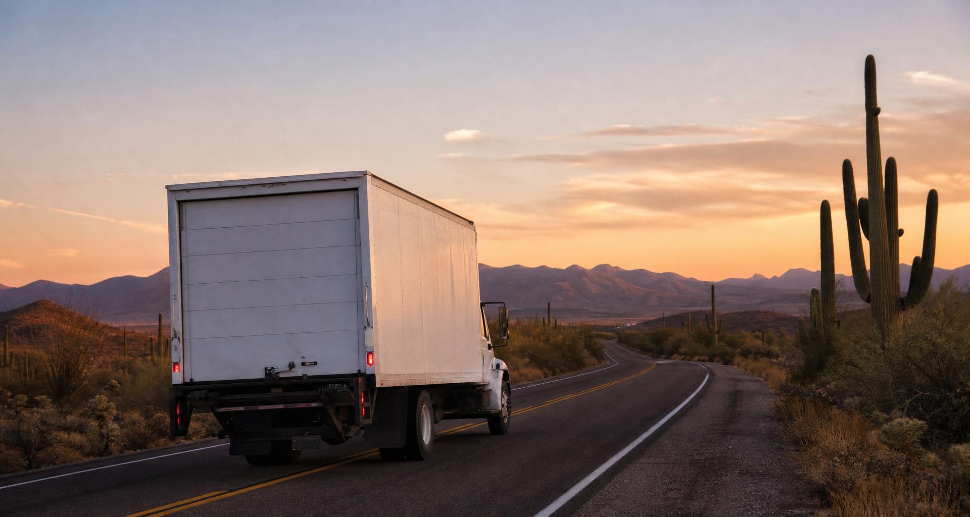 Long distance moving truck on an open highway at dusk