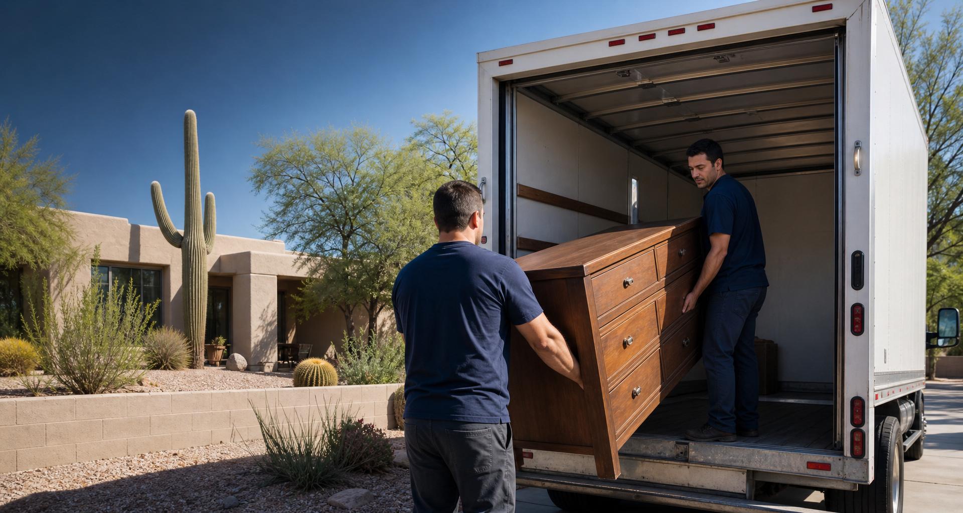 No Hassle Movers crew loading a truck outside an established home in the Casas Adobes area of northwest Tucson
