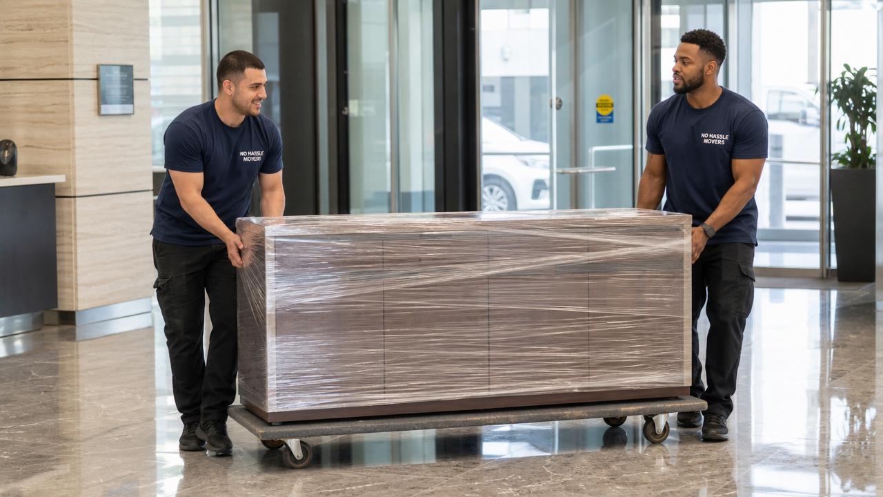 Commercial movers loading office desks and chairs onto a truck at an Arizona business