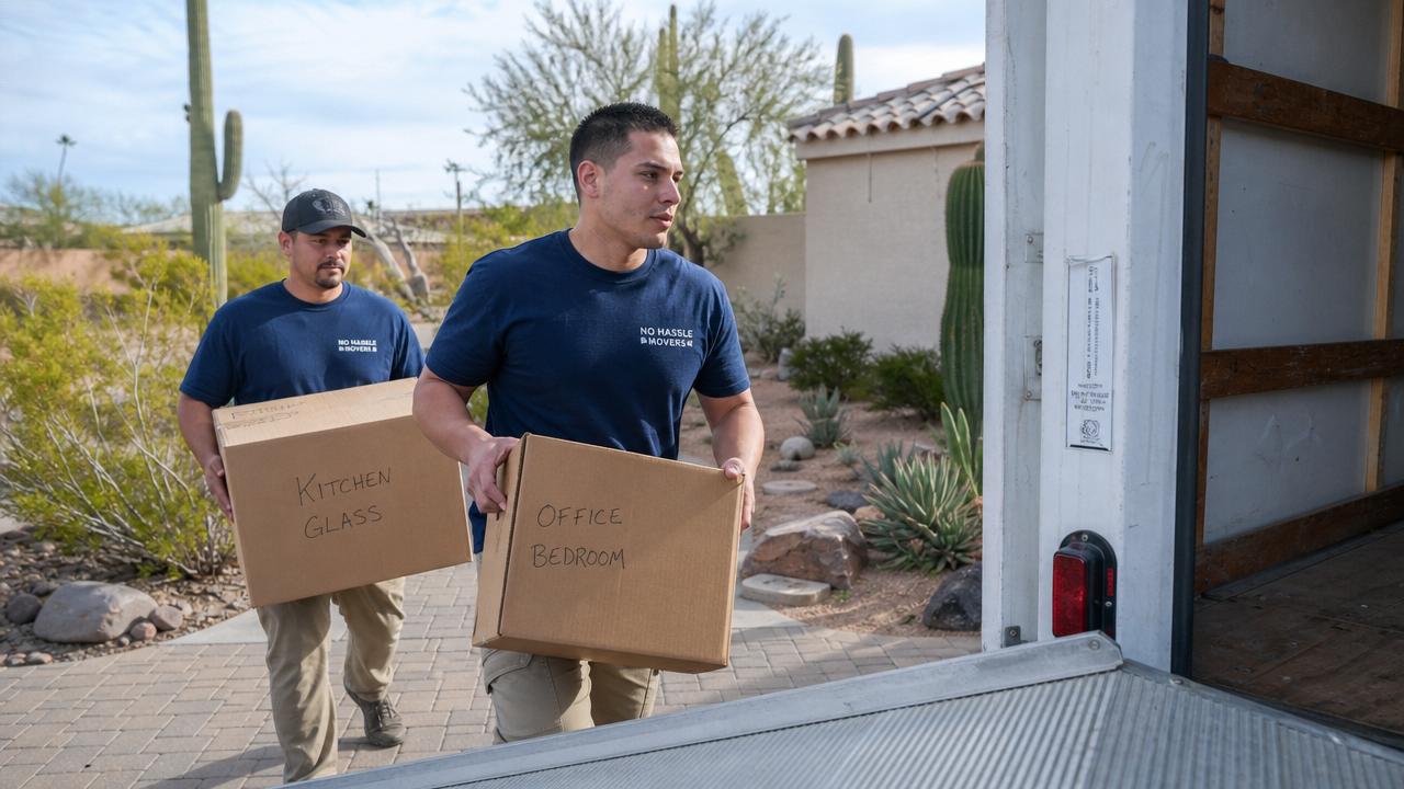 No Hassle Movers labor crew loading a PODS container in an Arizona driveway