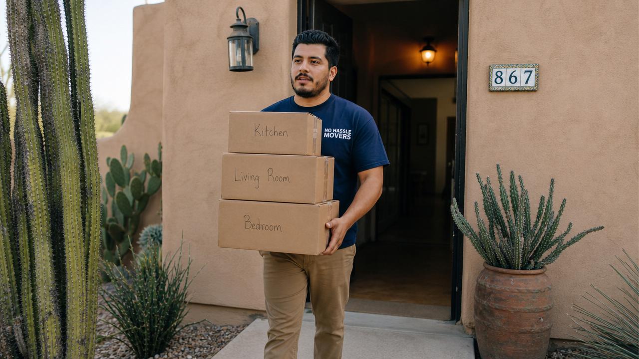White glove movers carefully wrapping high-end furniture in an Arizona home