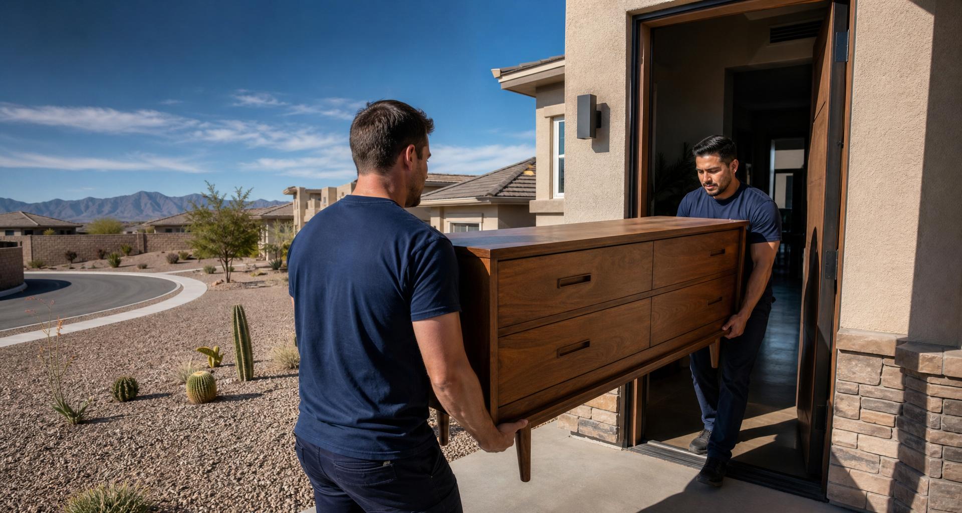 No Hassle Movers crew moving furniture from a desert-adapted single-family home in the Civano community in southeast Tucson