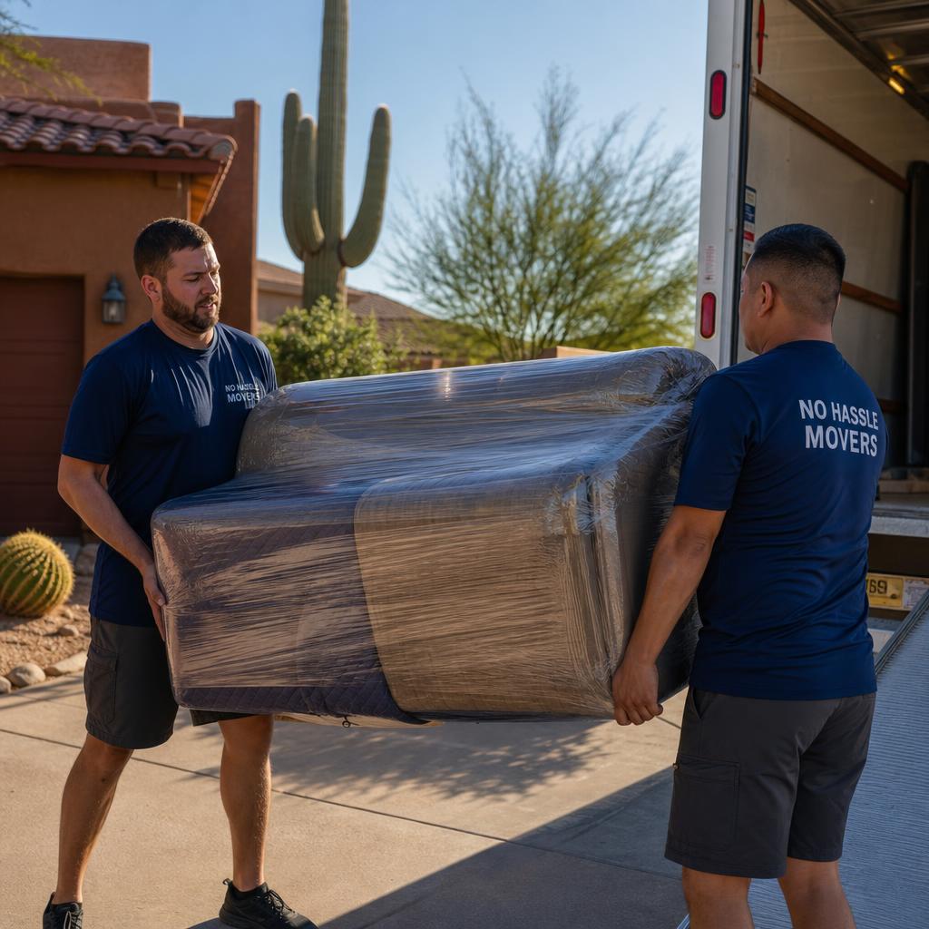 No Hassle Movers crew loading a moving truck outside an Arizona home