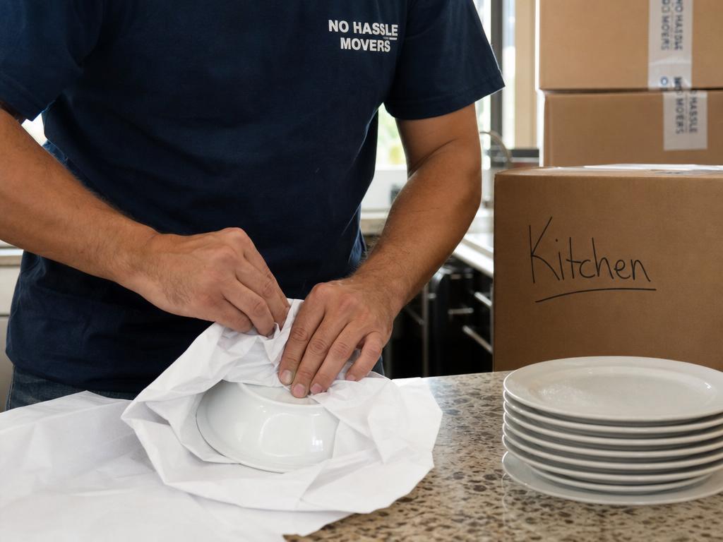 Packing team wrapping kitchen dishes with protective paper in an Arizona home