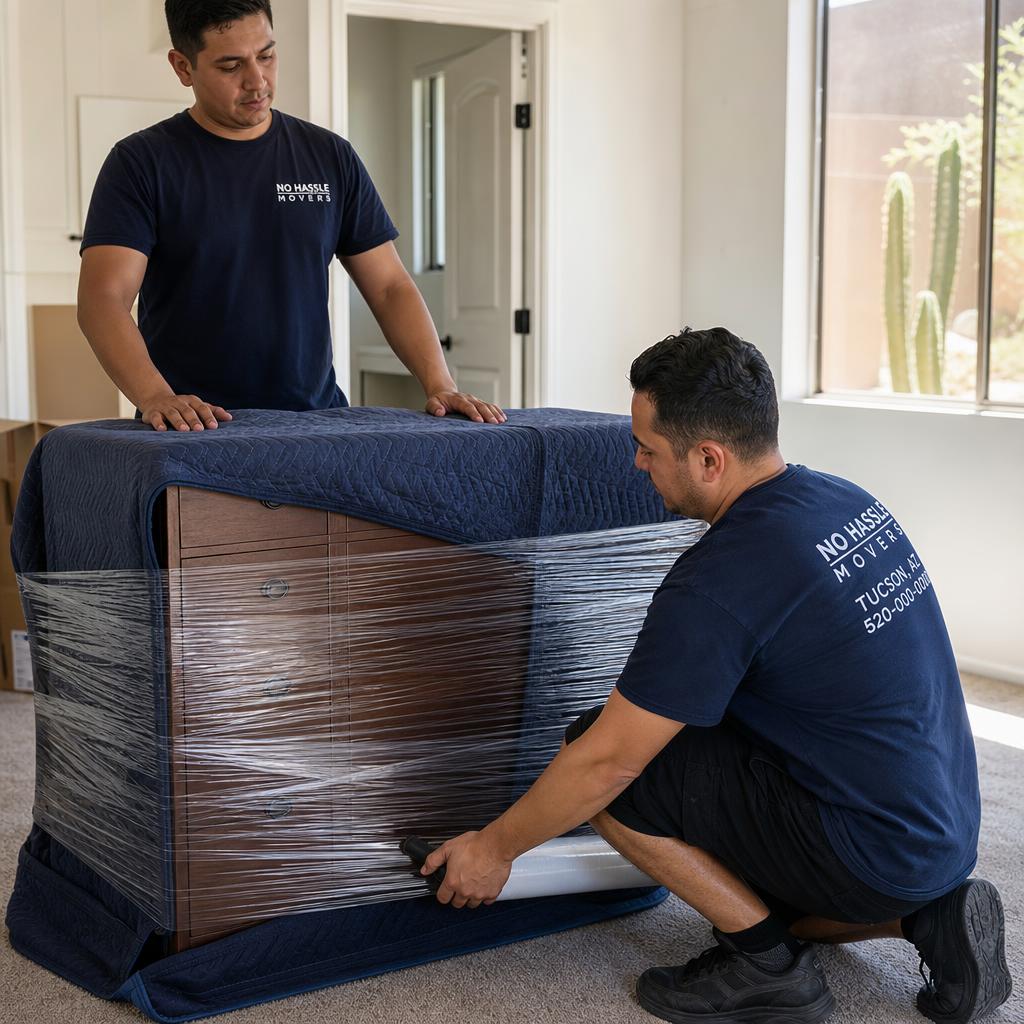 Residential movers carrying wrapped furniture into an Arizona home