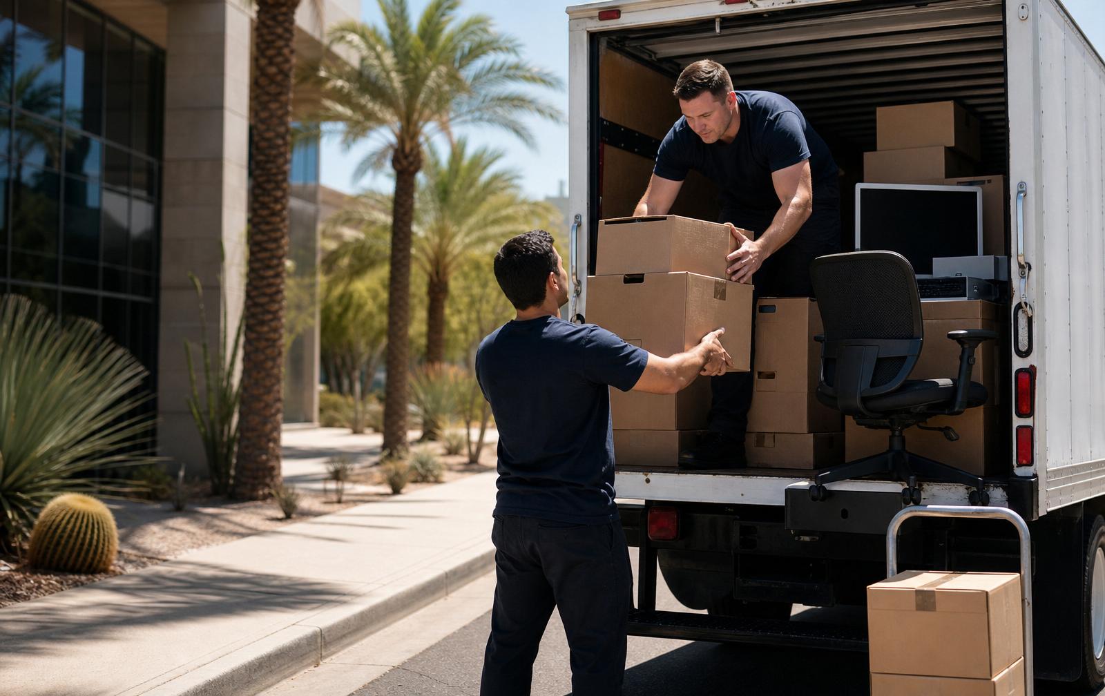 No Hassle Movers crew coordinating a corporate relocation for a Tucson business