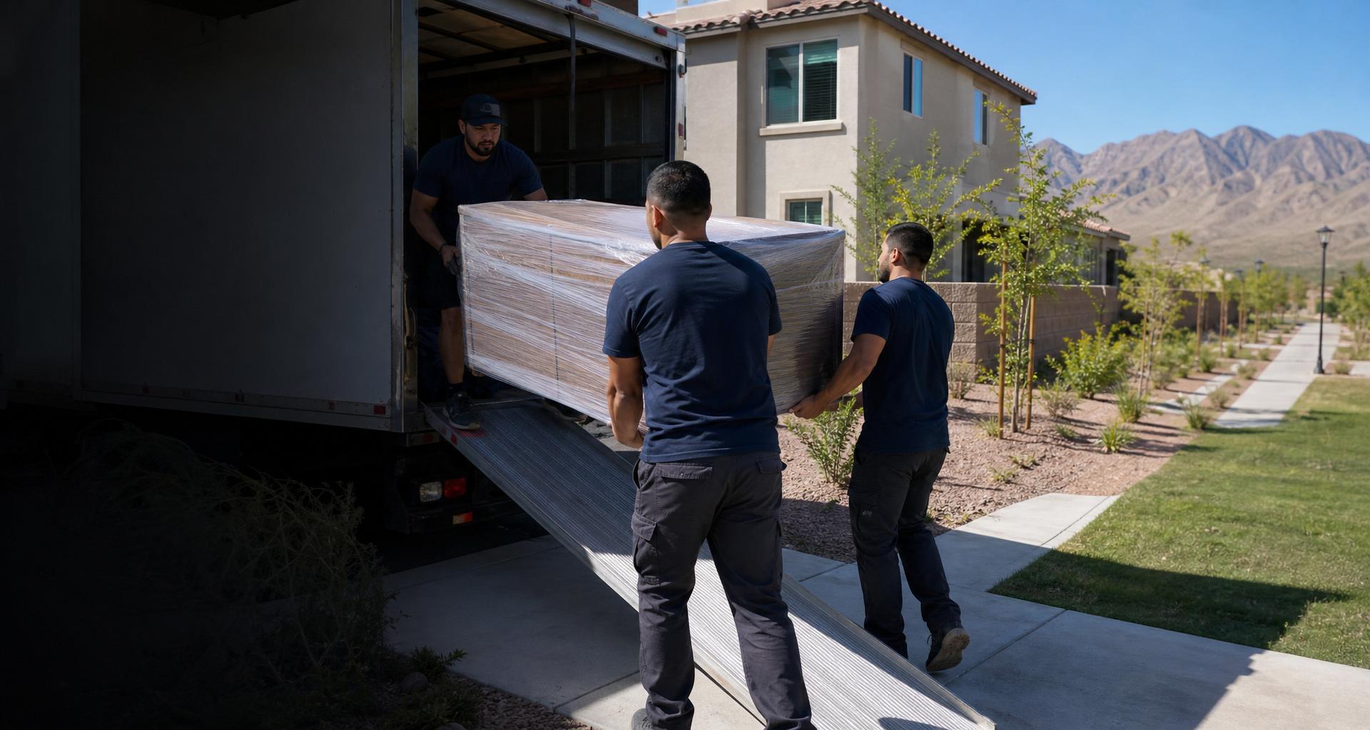No Hassle Movers crew loading a truck outside a newer home in the Gladden Farms community in Marana
