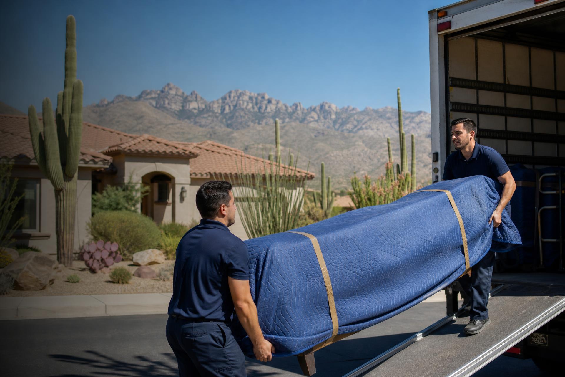 No Hassle Movers crew loading a truck outside a home in Green Valley, Arizona with the Santa Rita Mountains behind
