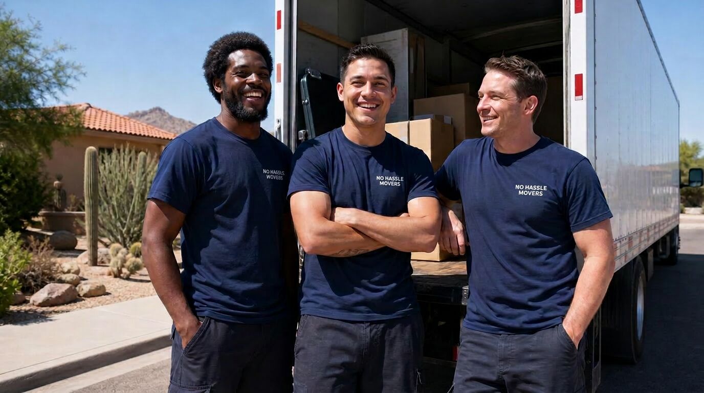 No Hassle Movers crew carefully moving a wrapped mattress to a truck outside a Southwestern Arizona home