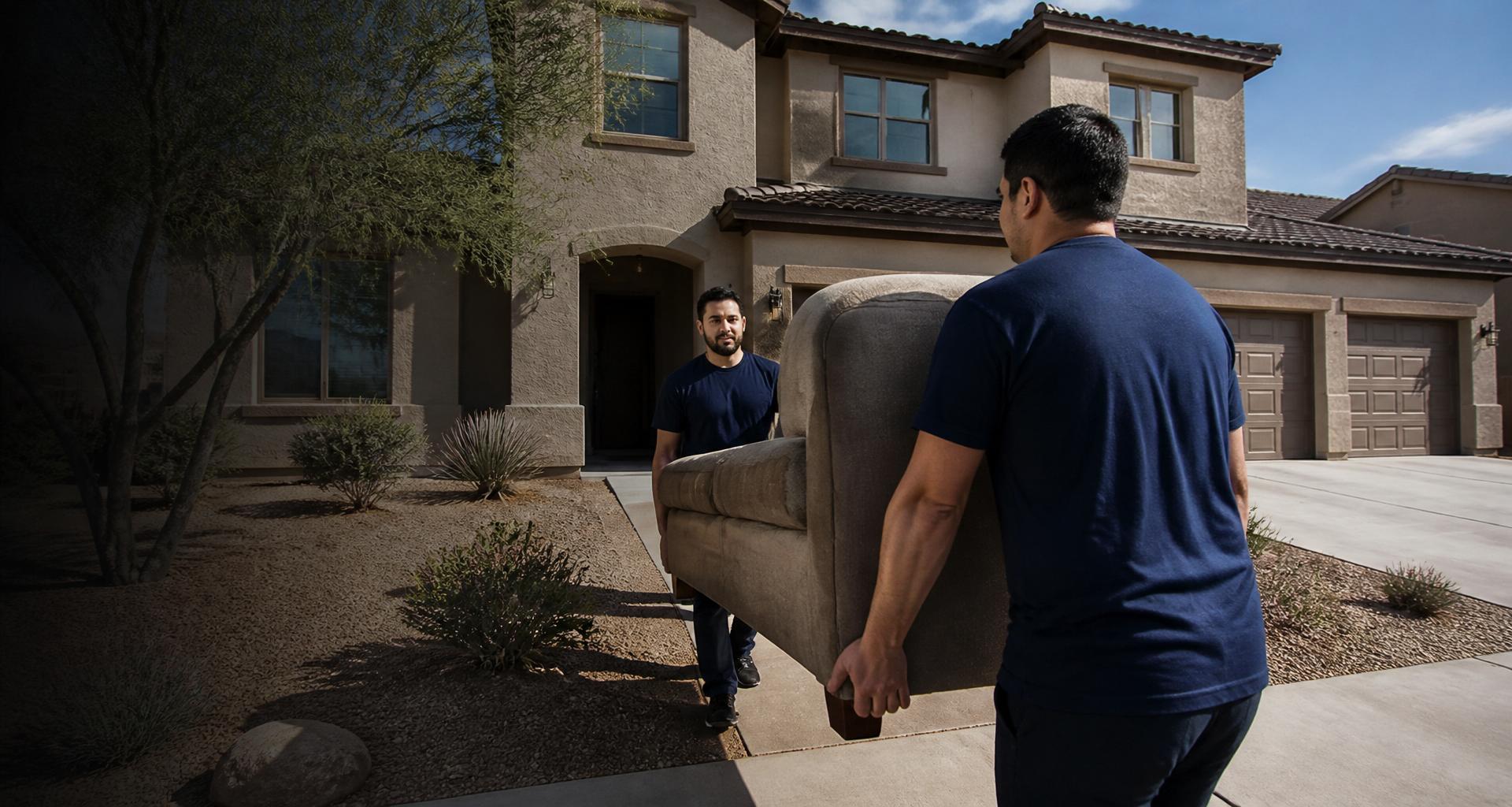No Hassle Movers crew moving furniture into a newer two-story home in a Marana master-planned community near Tucson