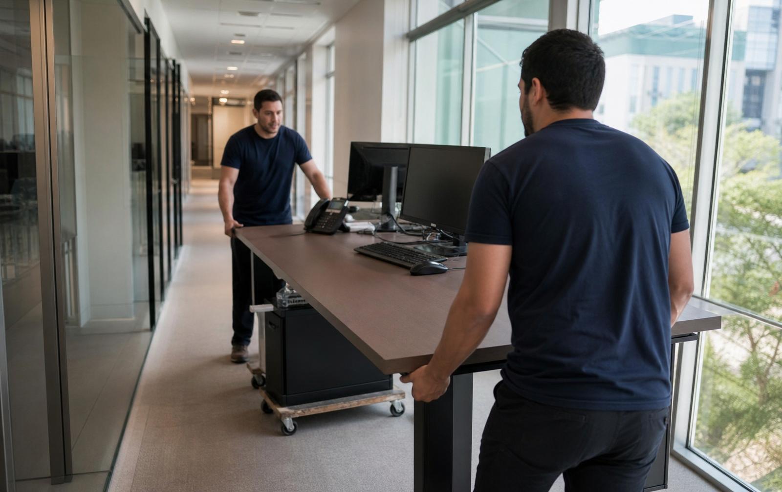 No Hassle Movers crew moving office desks and equipment through a Tucson office building