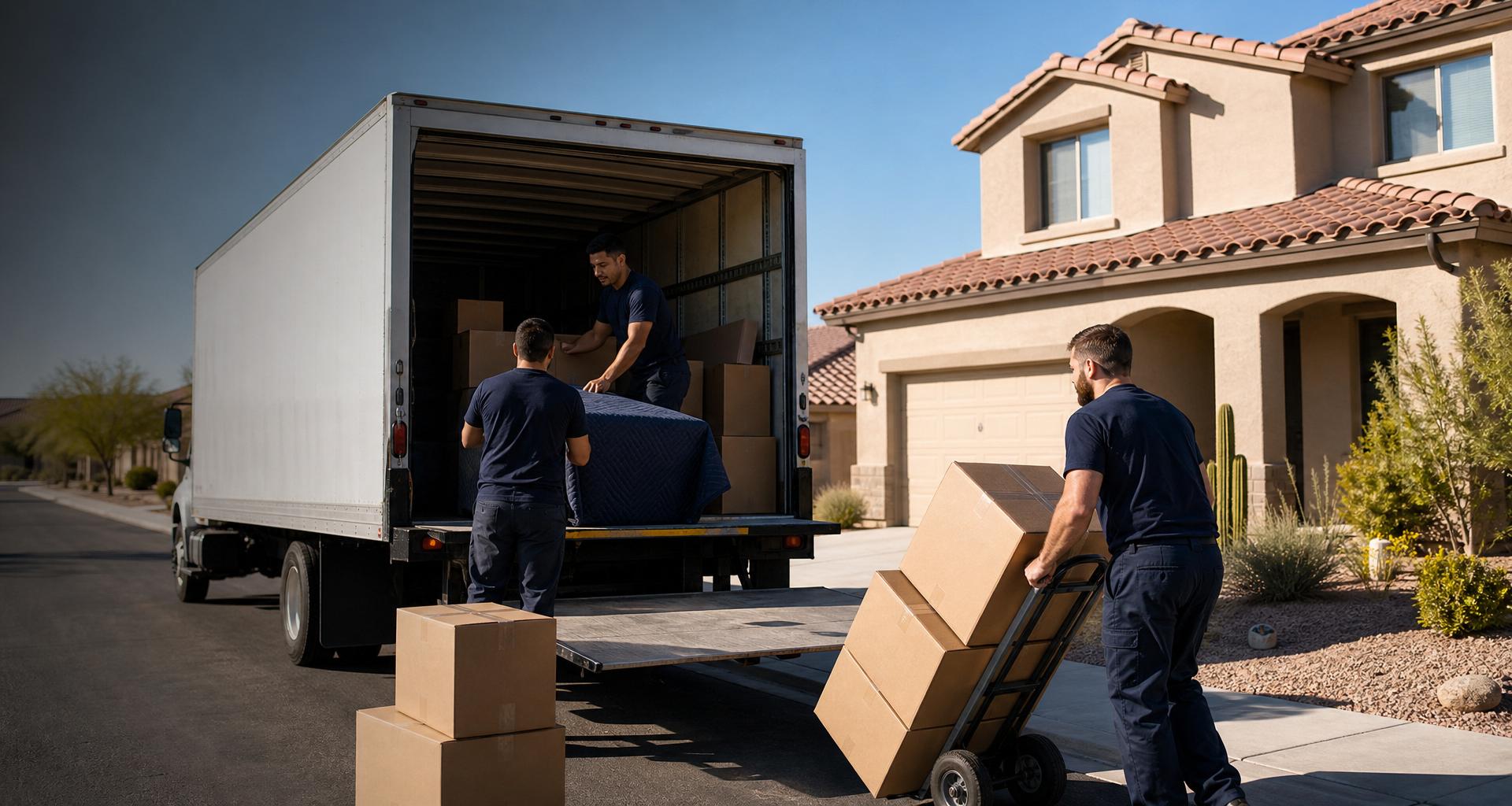 No Hassle Movers crew loading a truck outside a two-story home in Rita Ranch, Tucson