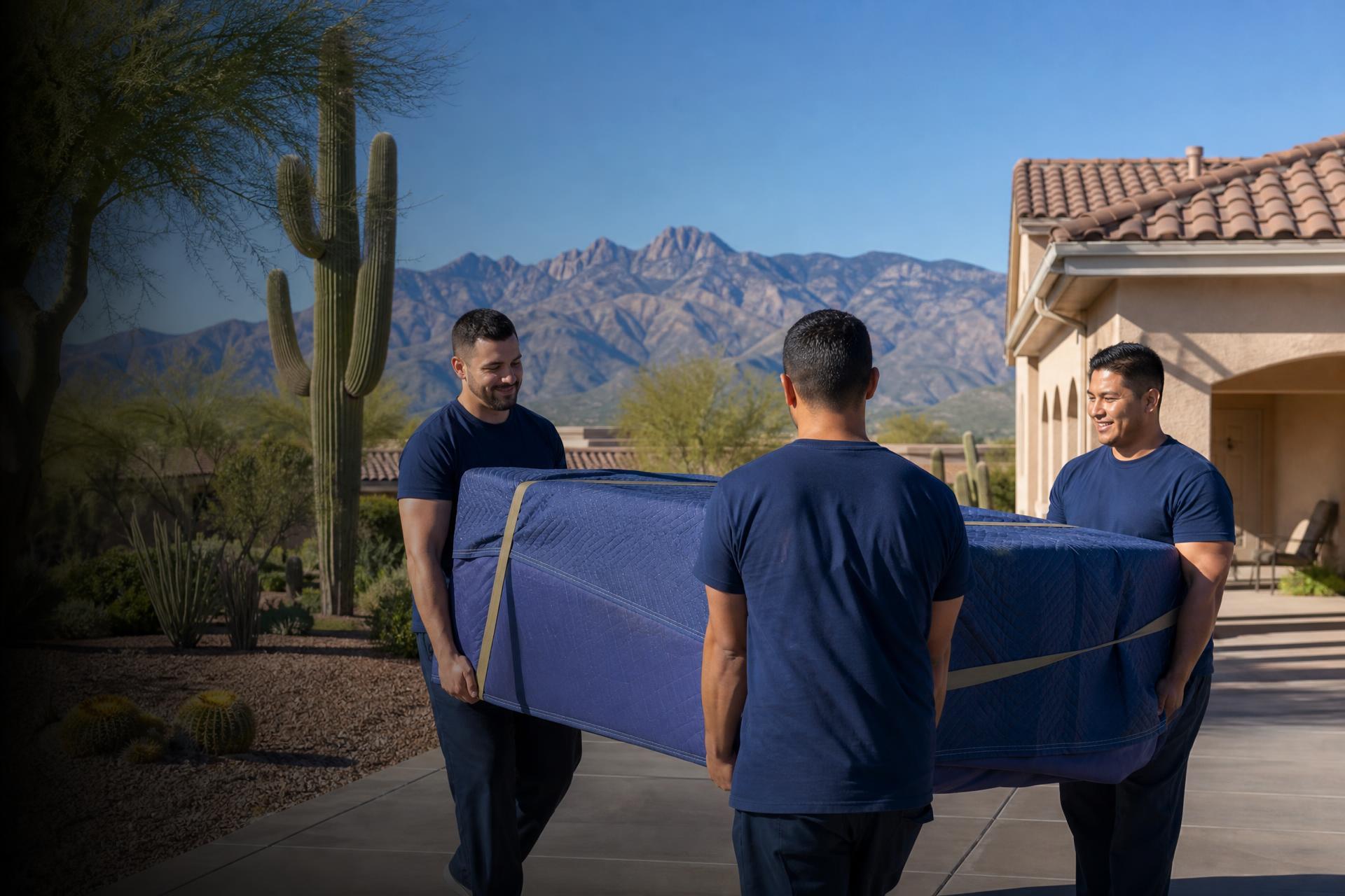 No Hassle Movers crew respectfully moving belongings from a single-level SaddleBrooke home near Catalina State Park