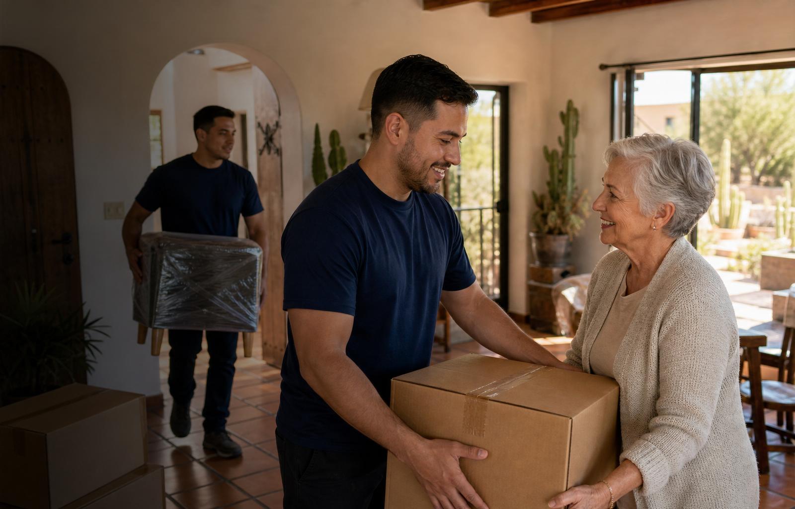 No Hassle Movers crew carefully helping a senior move belongings from a Tucson home