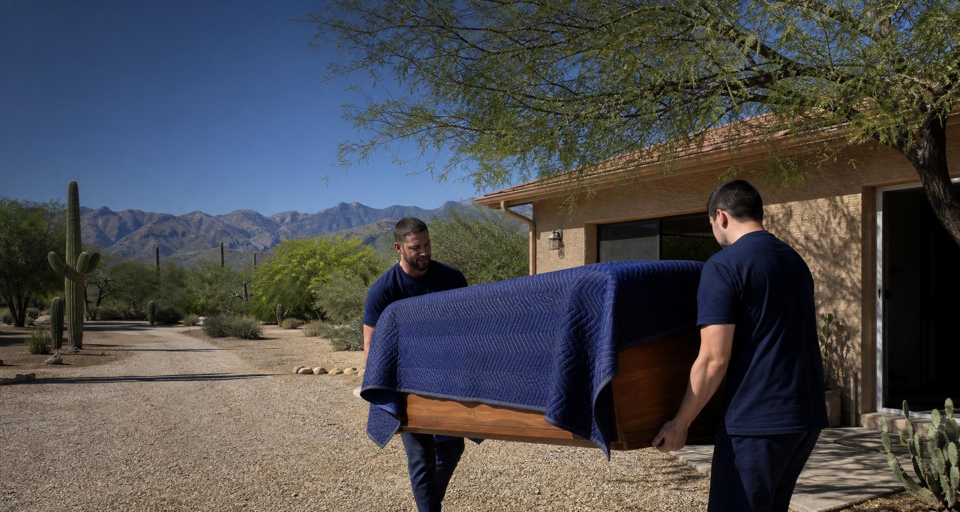 No Hassle Movers crew carefully moving furniture from a large desert-lot home in the Tanque Verde area east of Tucson