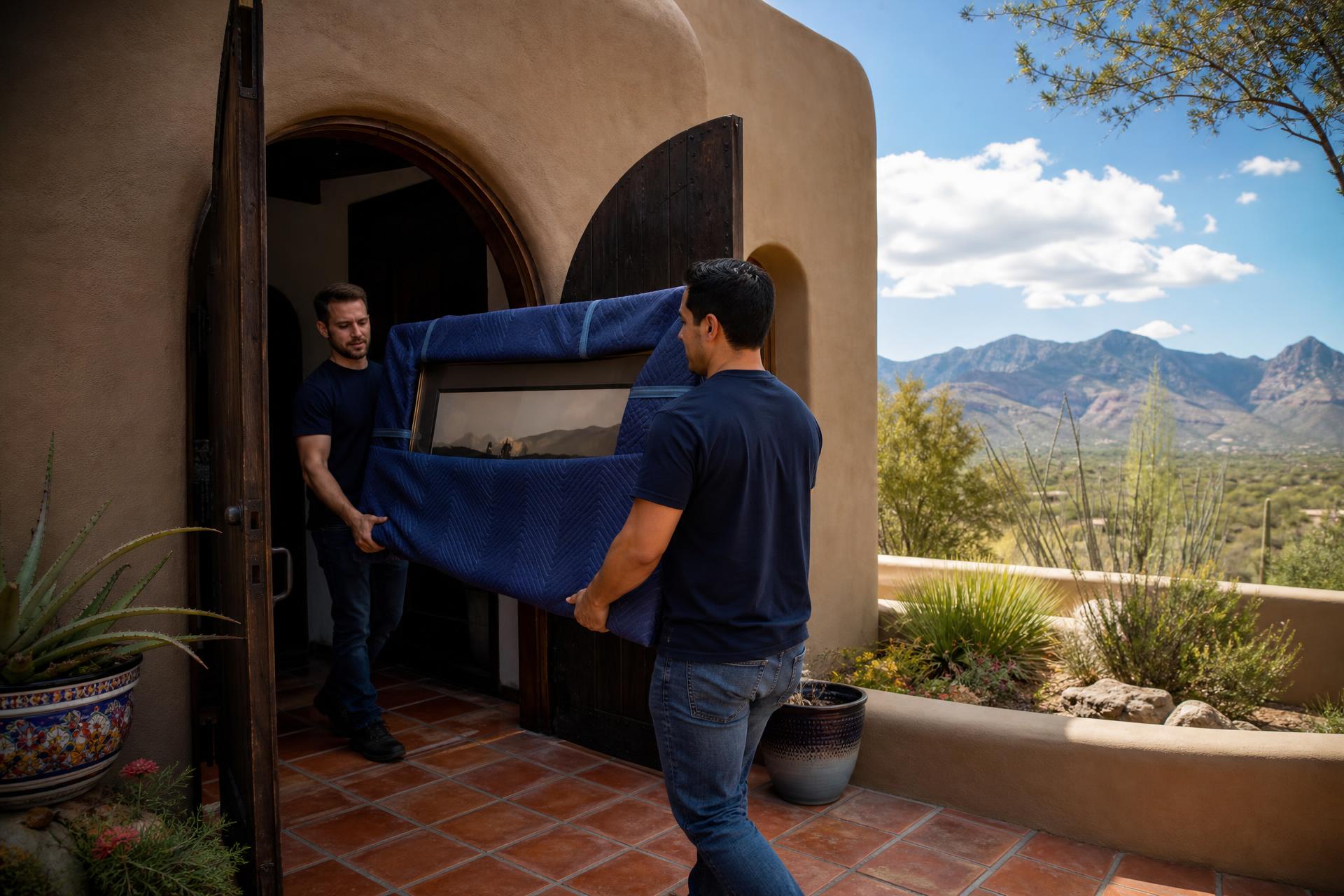 No Hassle Movers crew carefully moving artwork and furniture from a custom home in the Tubac arts community