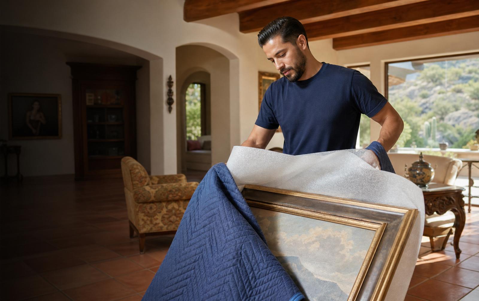 No Hassle Movers crew carefully wrapping a valuable piece in a Catalina Foothills luxury home