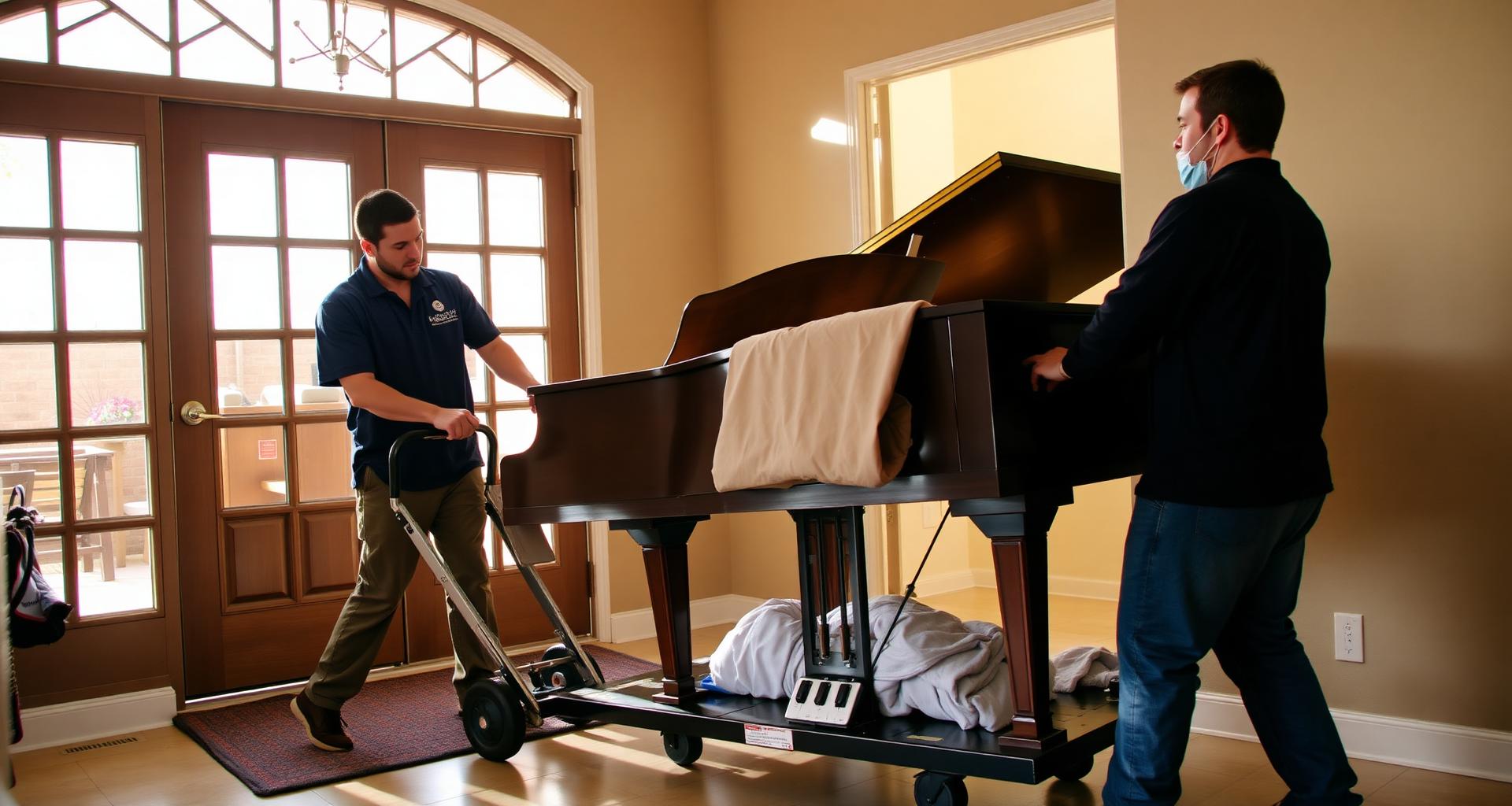 No Hassle Movers crew moving a baby grand piano on a dolly in Tucson