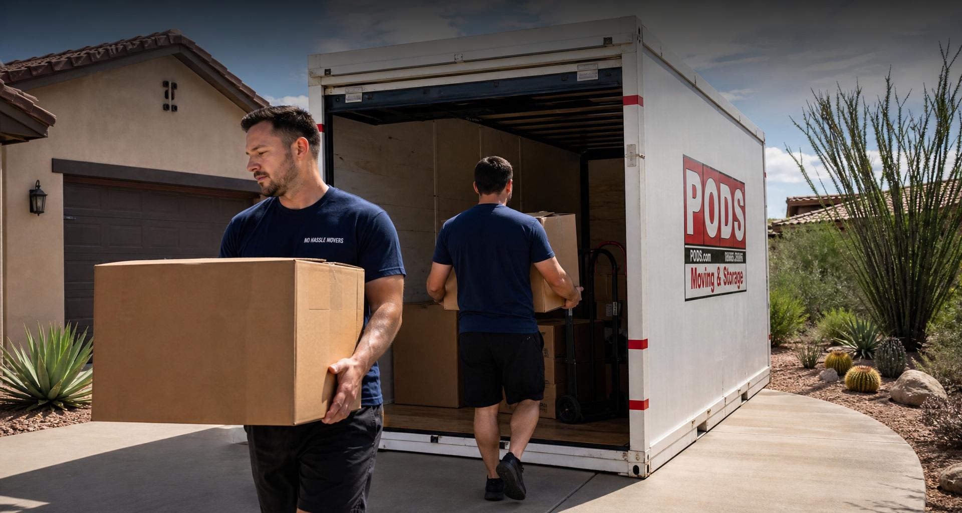No Hassle Movers crew loading a PODS container in a Tucson driveway