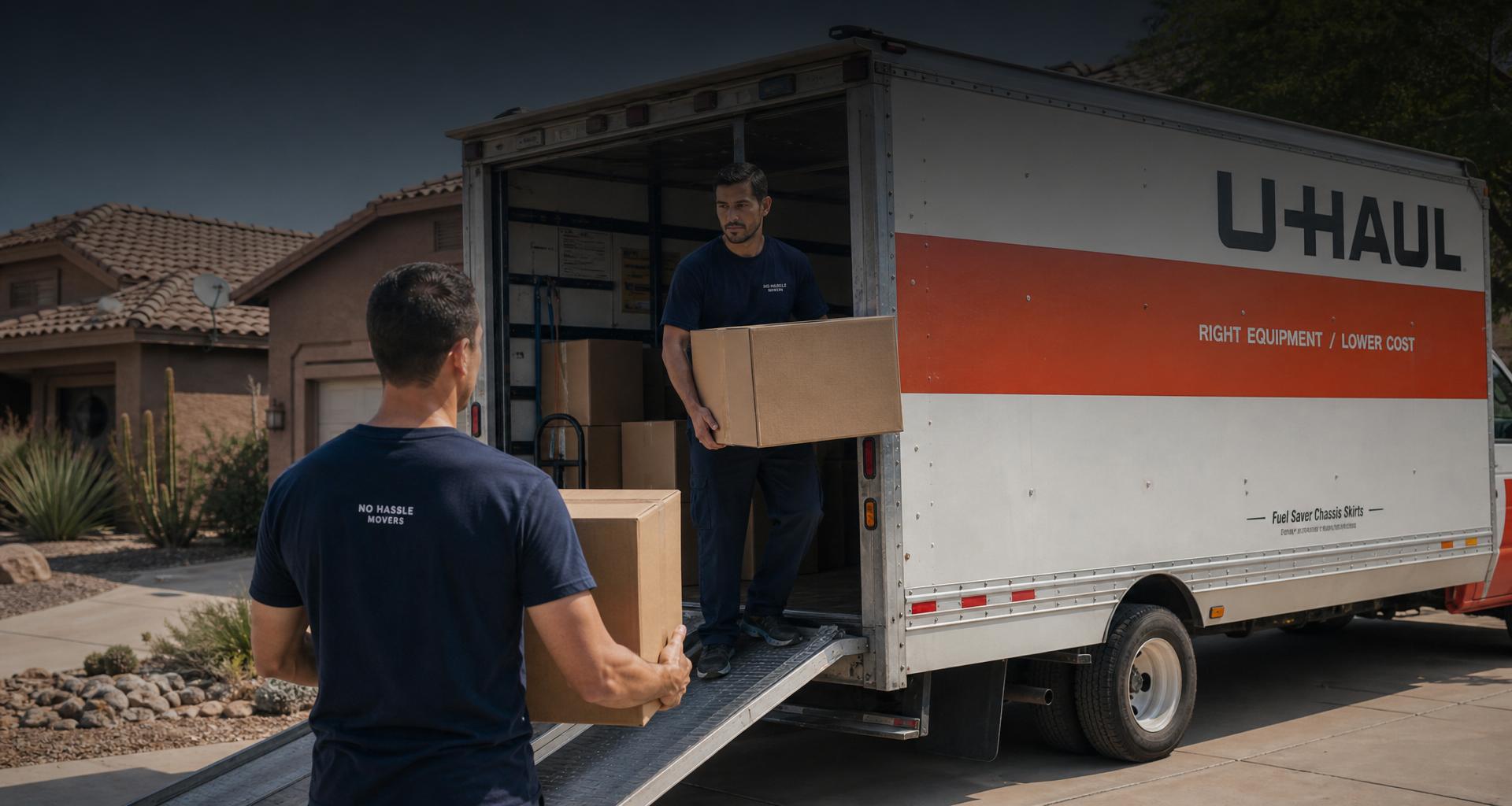 No Hassle Movers crew loading a U-Haul rental truck in a Tucson driveway